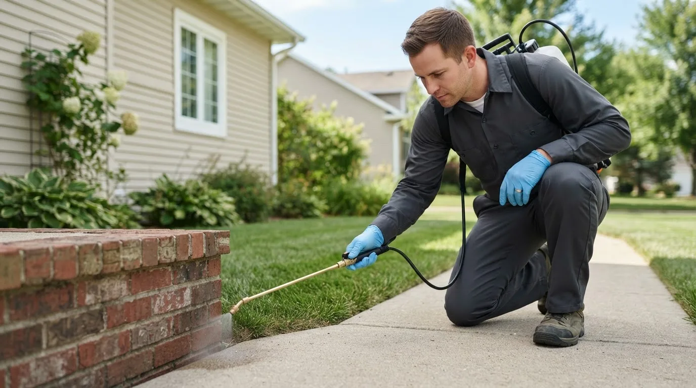Pest control technician treating a home near Premont, TX