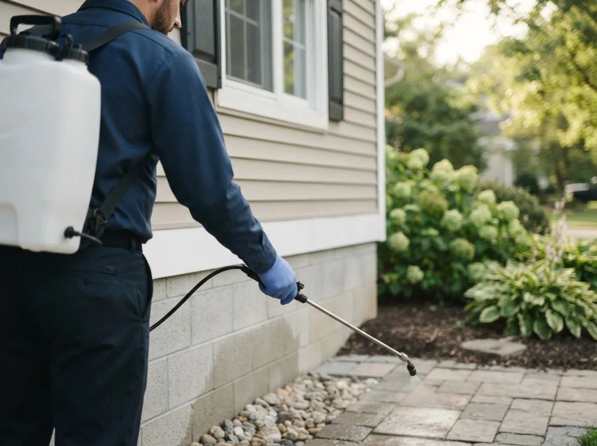 Pest control technician inspecting a home in Premont, TX